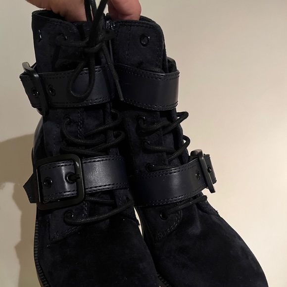 Armani Black Leather Moto Combat Boot Blue Ankle AX Oversized Buckle Zipper 7 38 - Picture 3 of 16